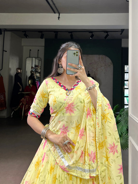 Yellow Color Floral Print With Embossed Design Tabby Silk Chaniya Choli