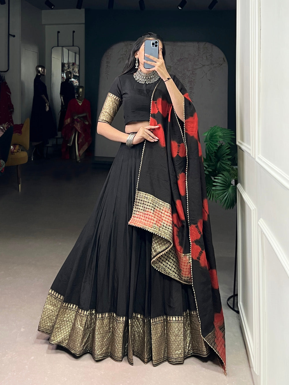 black-color-plain-with-zari-weaving-work-border-chaderi-lehenga-choli.jpg
