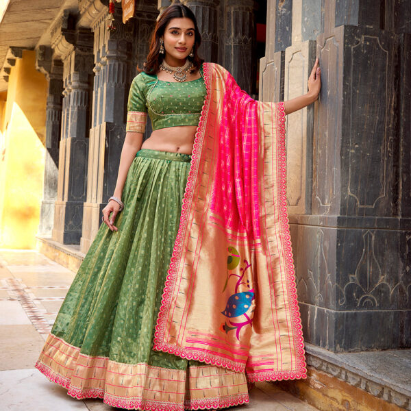 Green Color Wedding Wear Simmer Organza Lehenga