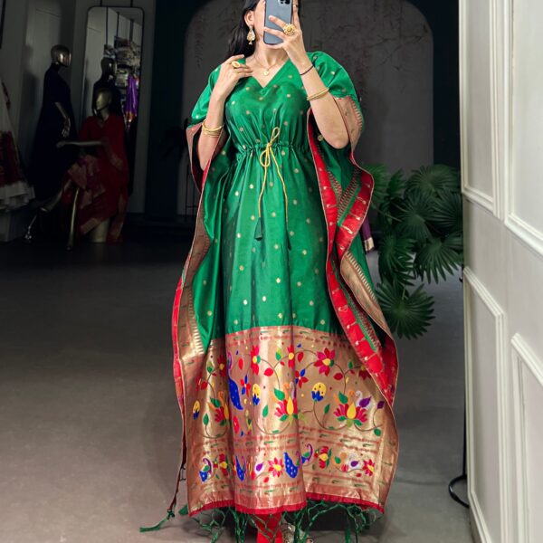 Green Color Zari Weaving Work Paithani Kaftan