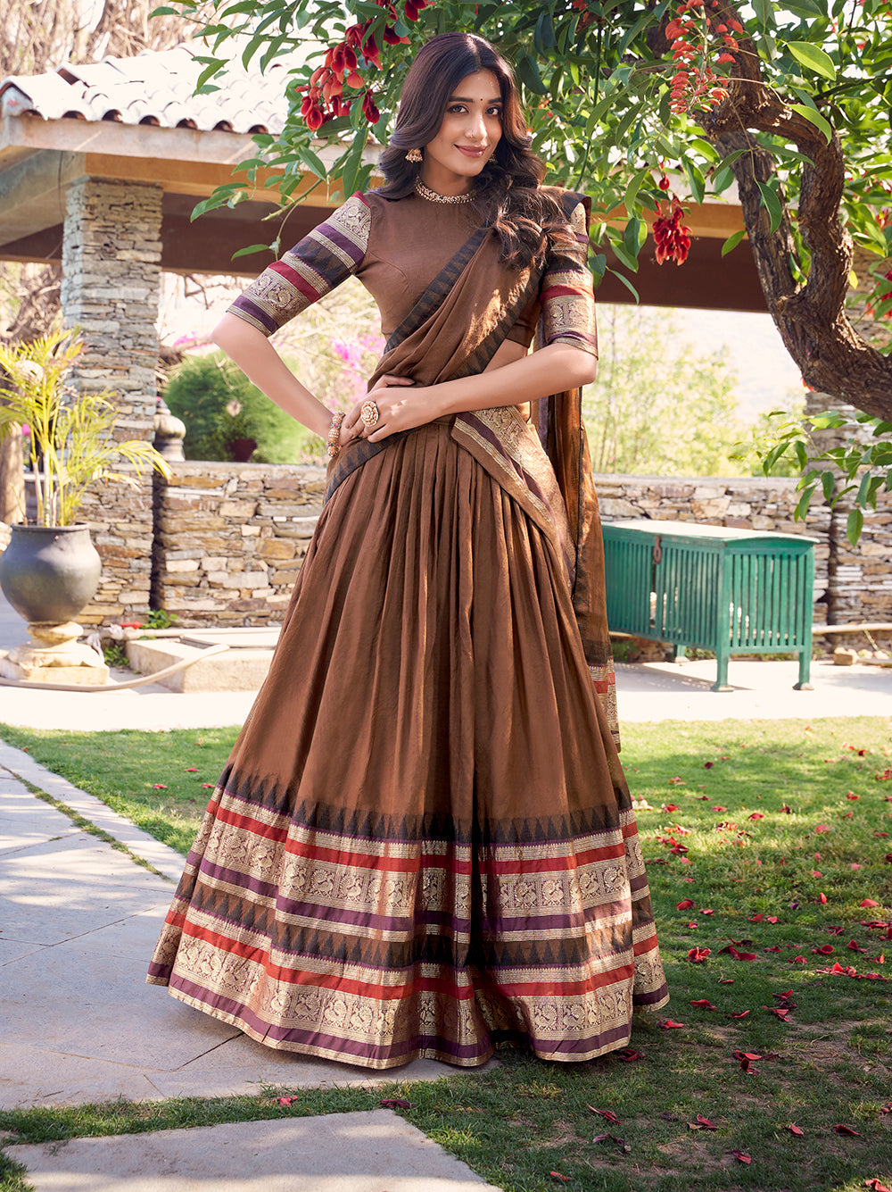 indian-wedding-wear-brown-color-chanderi-plain-zari-weaving-work-chaniya-choli-by-looknbook-art.jpg