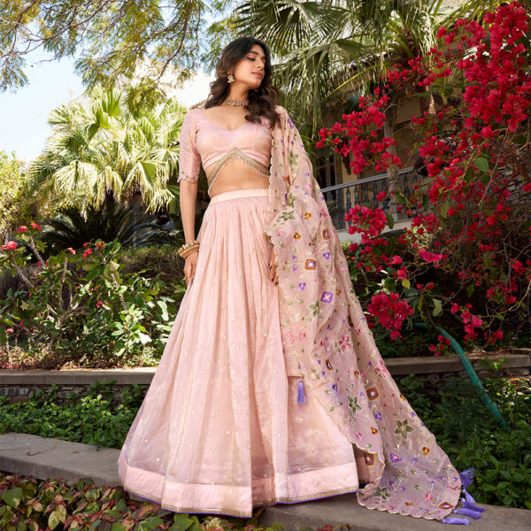 Light Pink Thread Embroidery Gold Crush Lehenga Choli