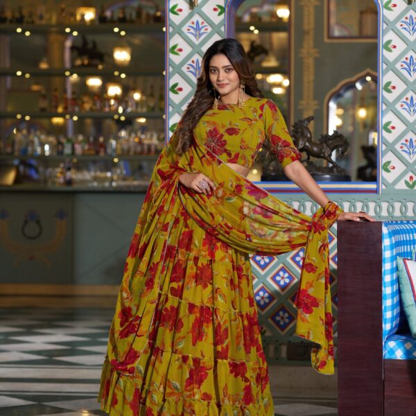 Olive Yellow Color Floral Printed Marbel Chaniya Choli