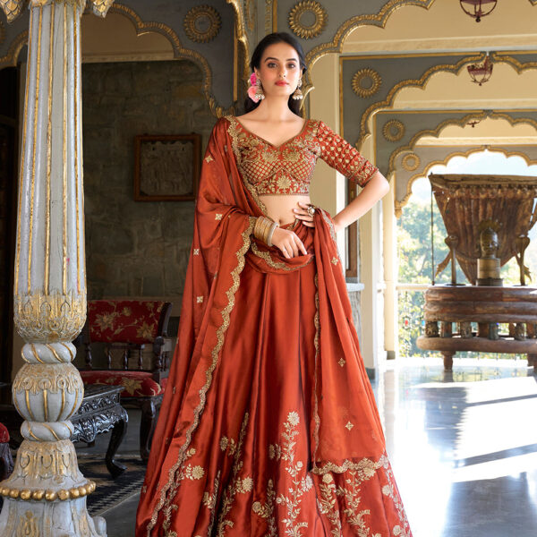 Rust Orange Color Sequins And Thread Embroidery Work Rangoli Silk Lehenga Choli