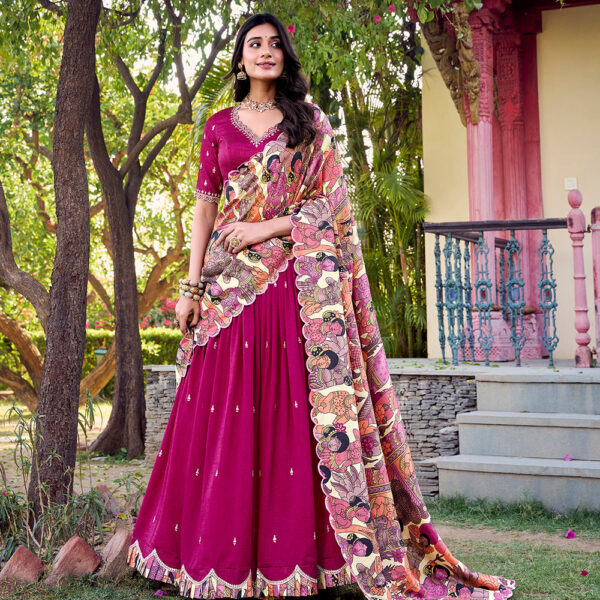 Pink Color Sequins And Thread Embroidery Work Vichitra Silk Lehenga