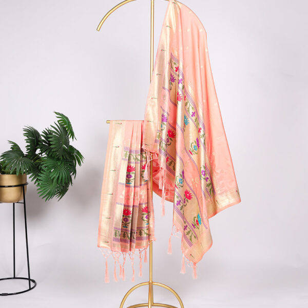 Peach Color Weaving Zari Work With Tassels Jacquard Silk (Paithani) Dupatta