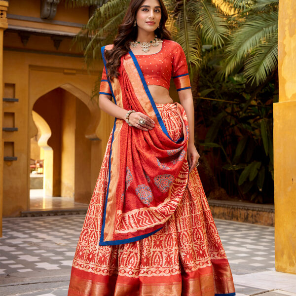 Rust Orange Color Batik Printed Dola Silk Lehenga