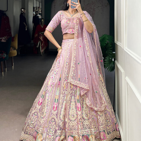 Lavender Color Sequins And Thread Embroidery Work Net Lehenga Choli