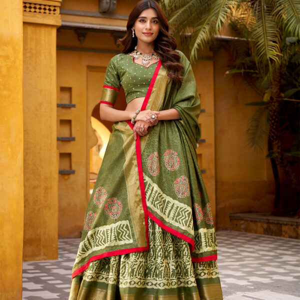 Mehendi Color Batik Printed Dola Silk Lehenga