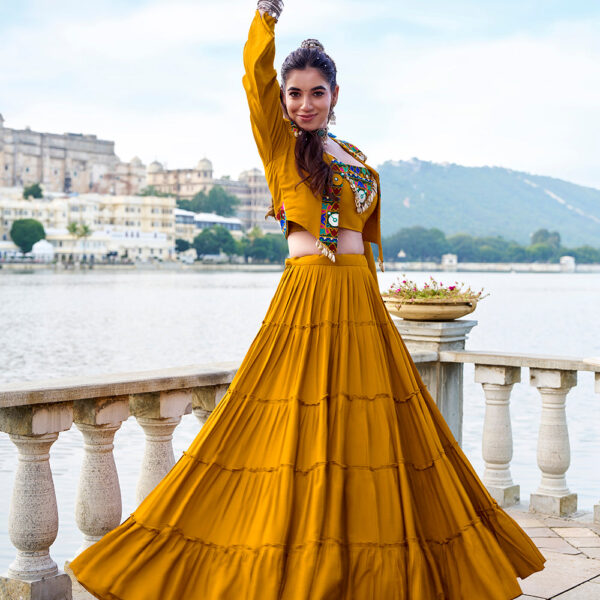 Mustard Color Gamthi Work With Cowrie Touch Up Rayon Co-Ord Set