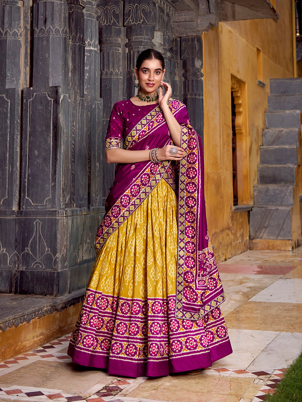 mustard-color-ikkat-print-with-tussar-silk-lehenga-choli-by-looknbook-art.jpg
