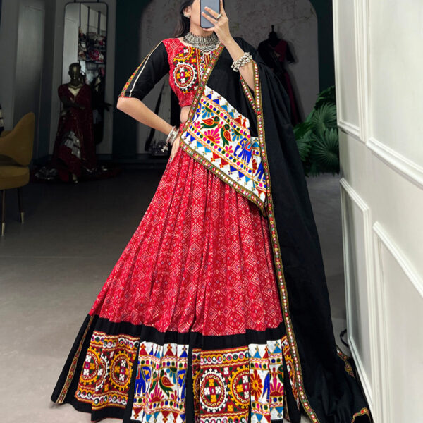 Red Color Printed And Gamthi Work With Mirror Work Cotton Chaniya Choli