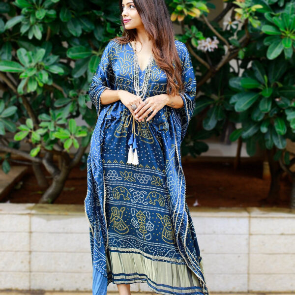 Navy Blue Color Digital Bandhej Printed Pure Gaji Silk Kaftan