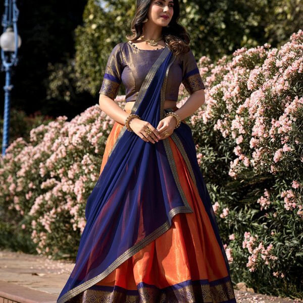Orange Color Zari Weaving Work Kanchipuram Pattu Lehenga  Choli