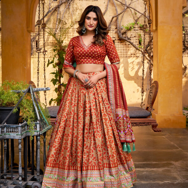 Rust Orange Color Tasar Silk Lehenga