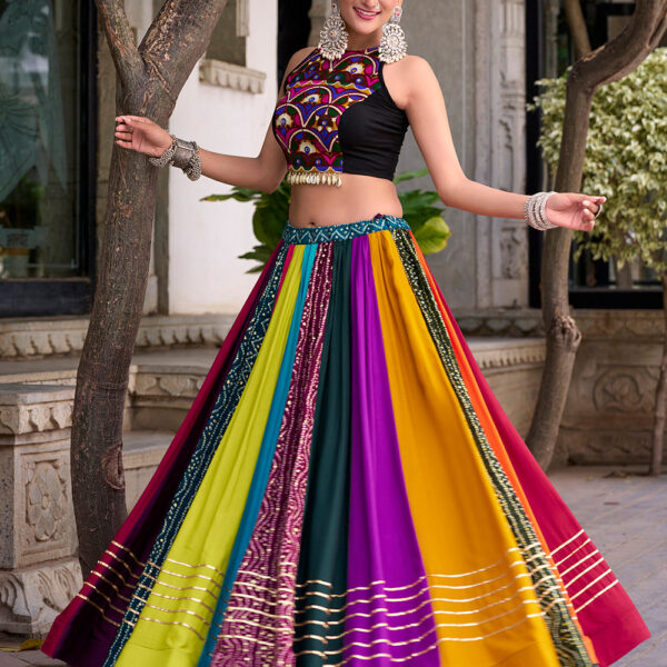 Multi Color Original Mirror Gamthi Work With Lace Touch Up Rayon Chaniya Choli