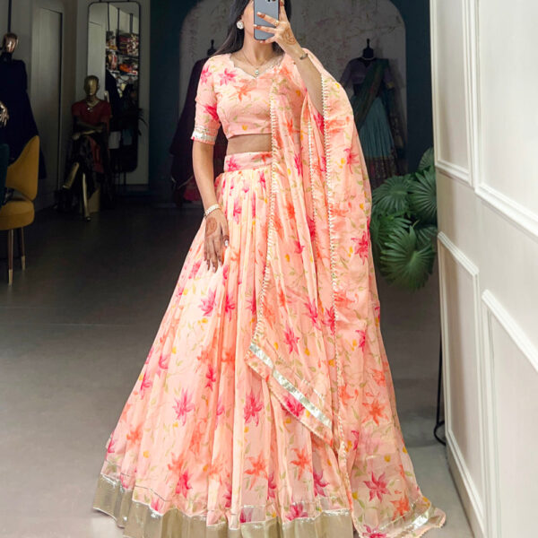 Peach Color Floral Print With Lace Border Tabby Silk Lehenga Choli
