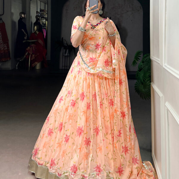 Peach Color Floral Print With Embossed Design Tabby Silk Chaniya Choli