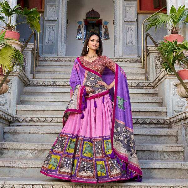 Peach Color Kalamkari With Foil Work Tasar Silk Lehenga Choli