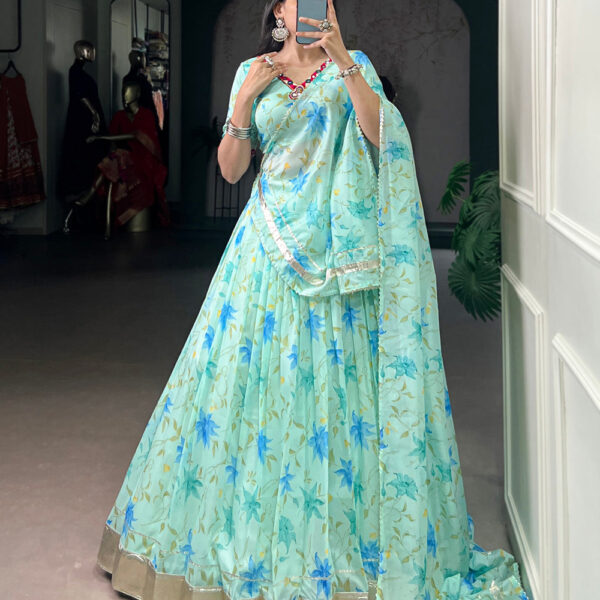 Pista Color Floral Print With Embossed Design Tabby Silk Chaniya Choli