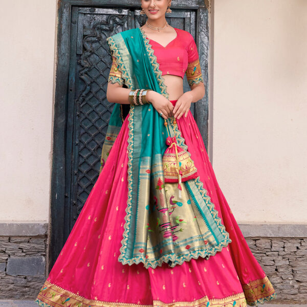 Pink Color Zari Weaving Work Jacquard Silk (Paithani) Lehenga Choli