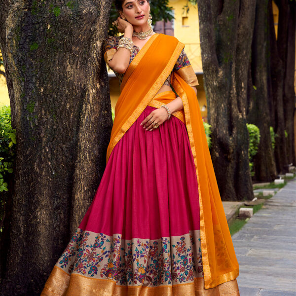 Pink Color Printed With Zari Weaving Work Astha Silk Lehenga Choli