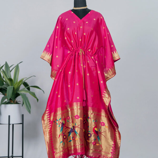 Pink Color Weaving Zari Work Jacquard Paithani Kaftan