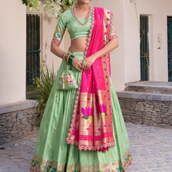 Pista Color Zari Weaving Work Jacquard Silk (Paithani) Lehenga Choli