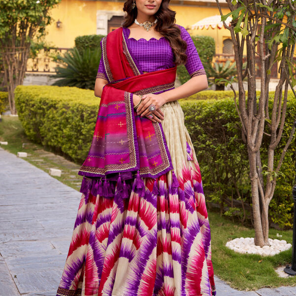 Purple Color Tie And Dye Printed Tasar Silk Lehenga Choli