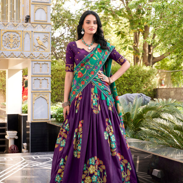Purple Color Printed And Foil Work Tussar Silk Lehenga Choli