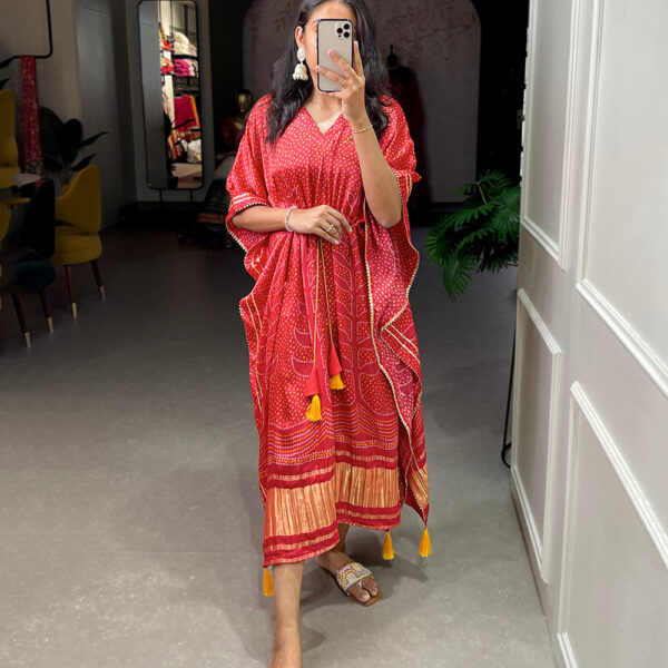 Red Color Digital Bandhej Printed Gaji Silk Kaftan