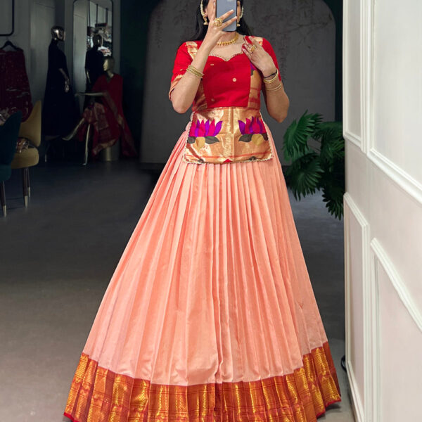 Peach Color Zari Weaving Work Cotton Silk Co-Ord Set