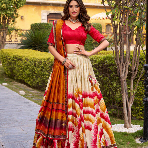Red Color Tie And Dye Printed Tasar Silk Lehenga Choli