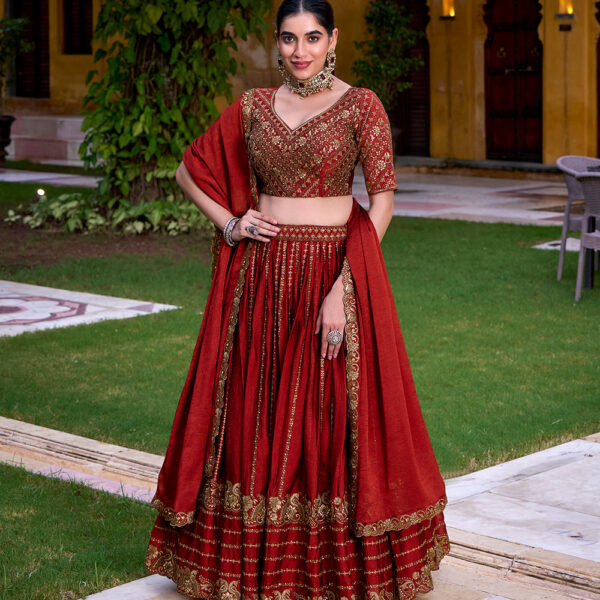 Rust Orange Color Sequins And Thread Embroidery Work Rangoli Crush Lehenga Choli