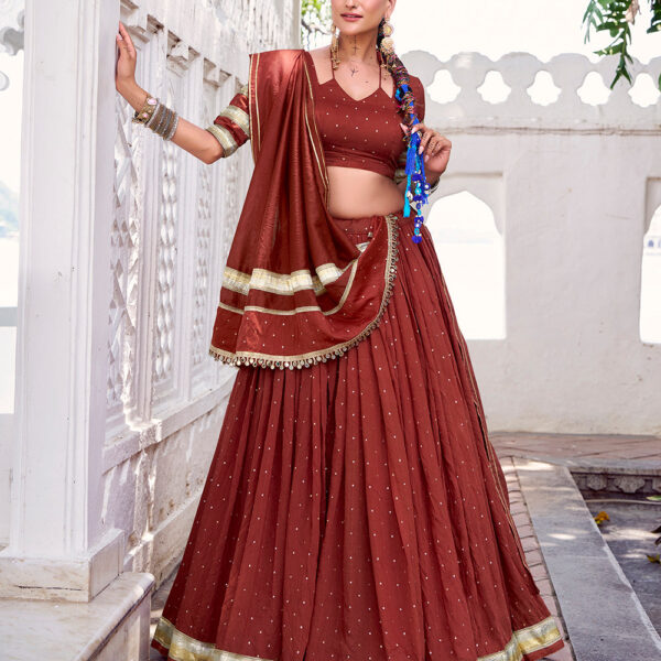 Rust Orange Color Zari Weaving Work With Embossed Design Chanderi Lehenga Choli
