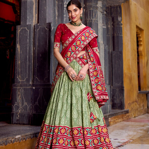 See Green Color Ikkat Patola Printed Tasar Silk Lehenga Choli