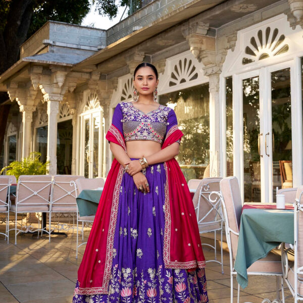 Purple Color Sequins And Thread Embroidery Work Vichitra Silk Lehenga Choli