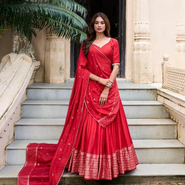 Red Color Plain With Zari Weaving Work Chanderi Lehenga Choli