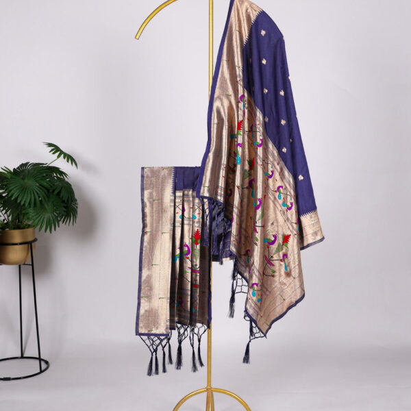 Navy Blue Color Weaving Zari Work Jacquard Silk With Paithani Dupatta
