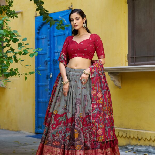 See Green Color Kalamkari Print Tasar Silk Lehenga Choli