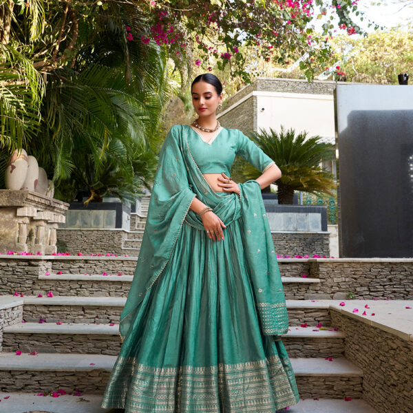 See Green Color Plain With Zari Weaving Work Border Chanderi Wedding Lehenga Choli