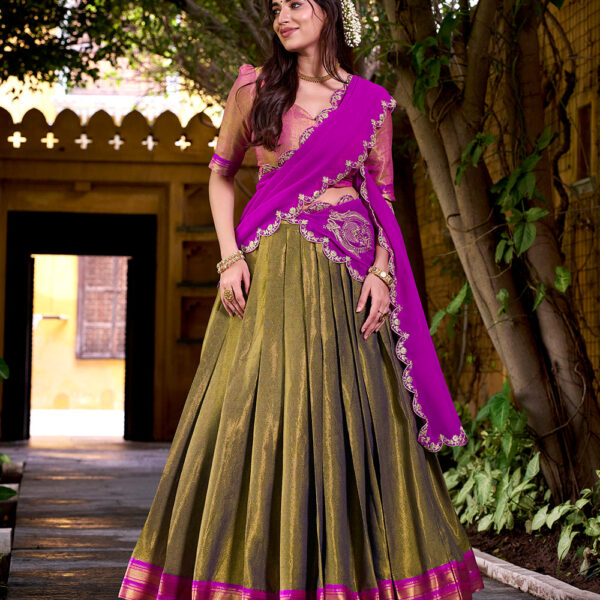 Pink Color Sequince And Thread Embroidery Work Kanchipuram Lehenga Choli