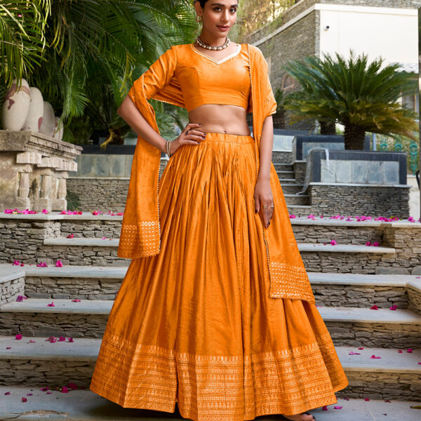 Orange Color Plain  With  Zari Weaving Work Chanderi Lehenga Choli