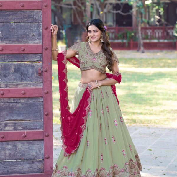 Pista Color Embroidery Work Chaniya Choli
