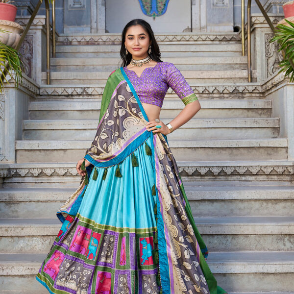 See Green Color Kalamkari With Foil Work Tasar Silk Lehenga Choli