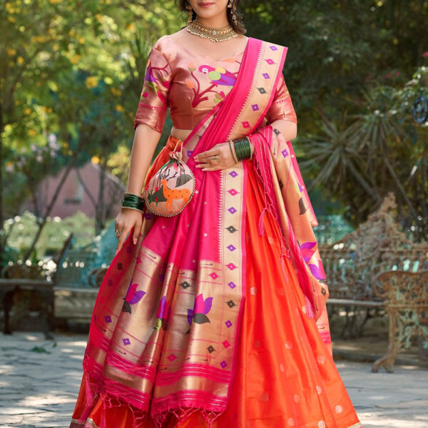 Orange Color Weaving Zari Work Jacquard Silk Lehenga Choli