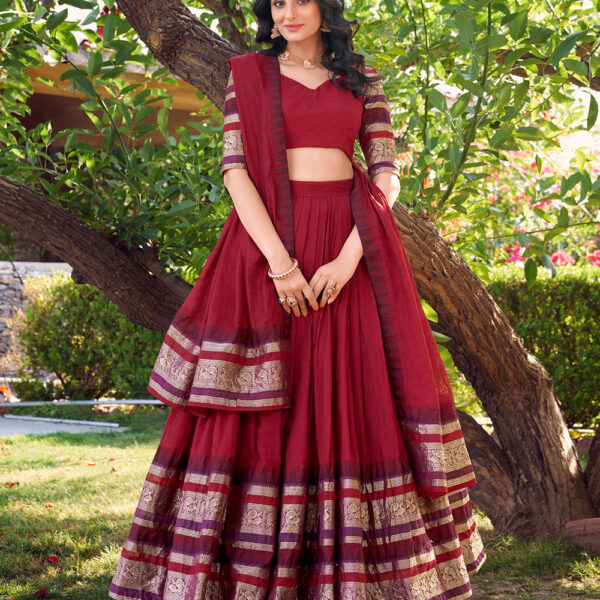 Red Color Plain With Zari Weaving Work Chanderi Silk Lehenga Choli