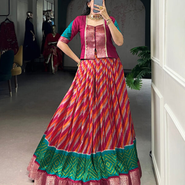Red Color Leheriya Print With Zari Weaving Work Tasar Silk Co-Ord Set